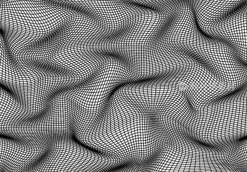 迷幻矢量背景与黑色波浪失真，黑白条纹背景，移动活动，几何形状线艺术