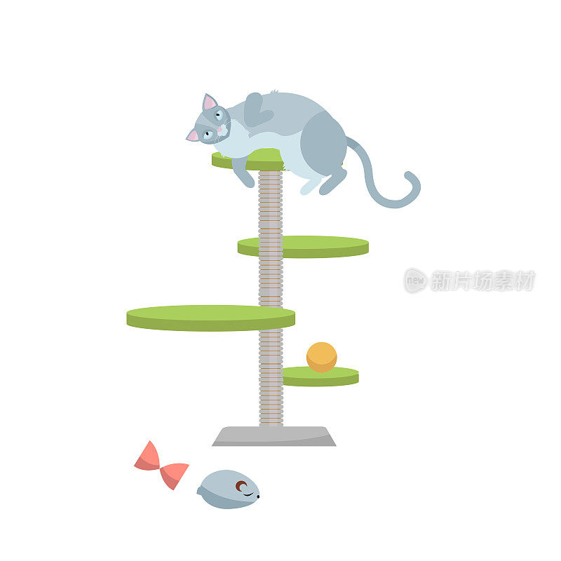 可爱的小灰猫躺在抓柱和猫玩具。扁平化卡通风格矢量人物插图上的白塔背景。