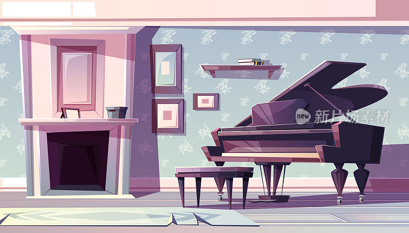 经典客厅与钢琴卡通向量