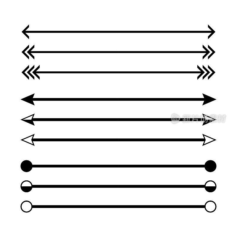 箭头在水平线上设置隔离在白色上，箭头线表示绘制的尺寸，水平箭头不同，箭头黑色在水平线上表示尺寸比例，剪贴艺术箭头