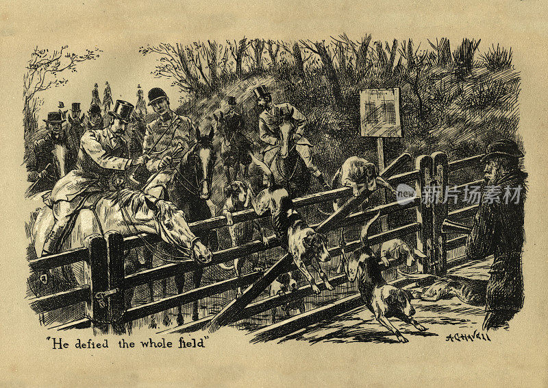 猎狐，猎犬跳过大门，维多利亚，19世纪