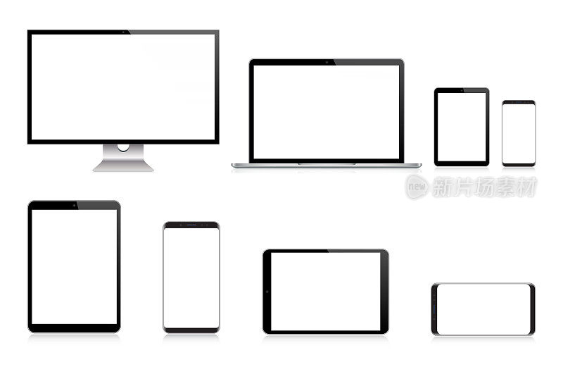 PC显示器，电视，笔记本电脑，平板电脑，智能手机，手机在黑色和银色反射，现实的矢量插图