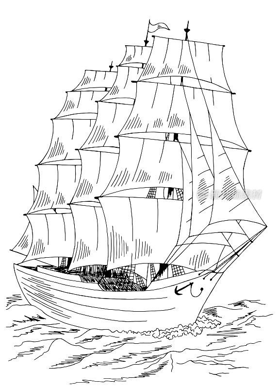帆船图形黑白色海素描插图向量