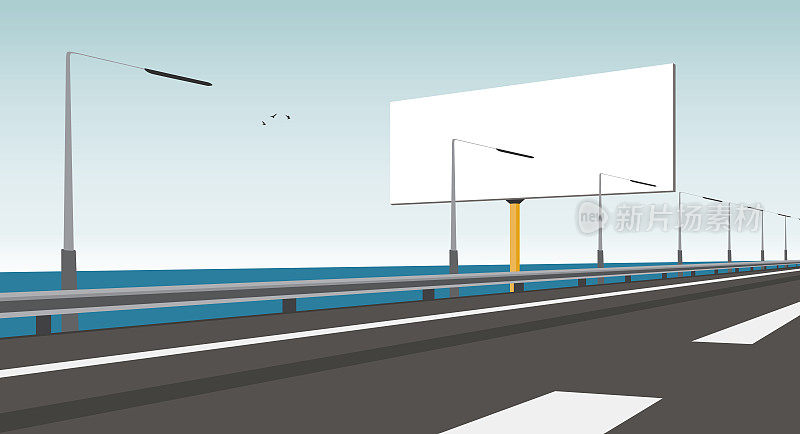 空白广告牌，高速公路和海矢量插图
