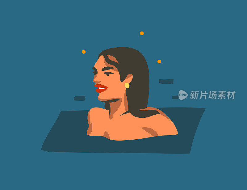 手绘矢量抽象股票平面图形插图与年轻快乐的美女游泳在夜晚的水与星星反射孤立的蓝色背景