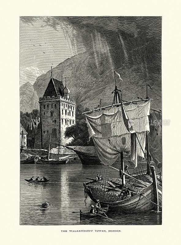 19世纪，挪威卑尔根，Walkendorf塔旁的船只