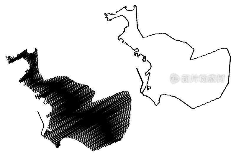 拉塔基亚城(叙利亚阿拉伯共和国，叙利亚，拉塔基亚省)地图矢量插图，涂鸦素描老底嘉城在叙利亚或老底嘉与Mare地图