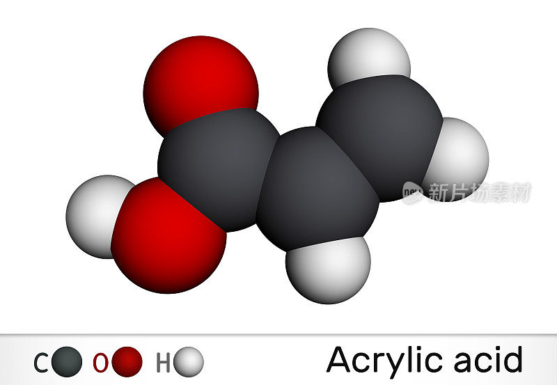 丙烯酸，丙烯酸分子。它是不饱和一元羧酸。分子模型。三维渲染