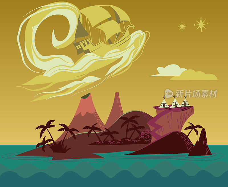 梦幻岛与海盗船-复古插图