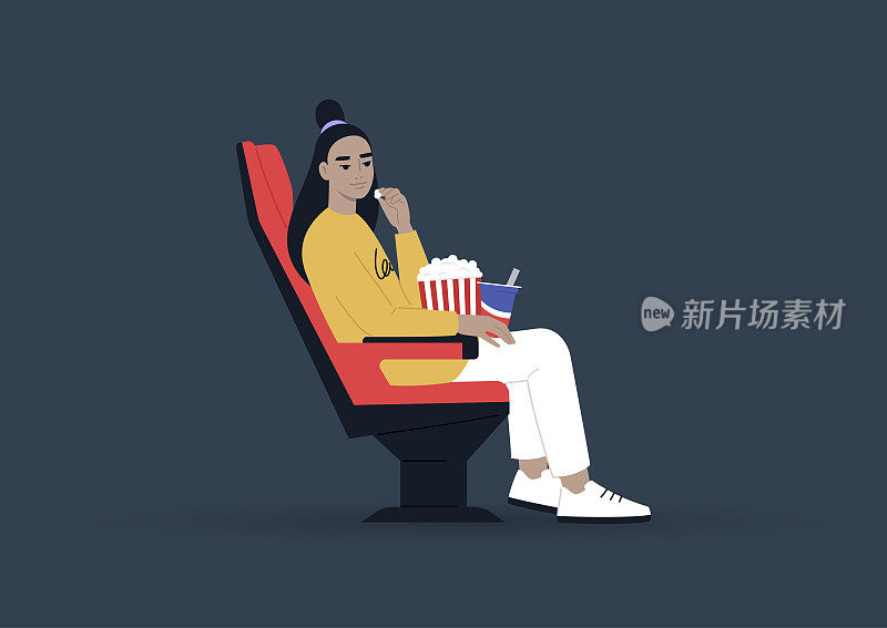年轻的亚洲女性角色在电影院吃零食和看电影，娱乐概念
