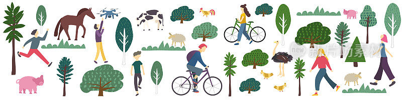 农村横幅上有人们休闲活动的树木、草地和农场动物。村庄或农场里的人物。很多活跃的成年人和孩子在夏天骑自行车，慢跑和玩耍。矢量图