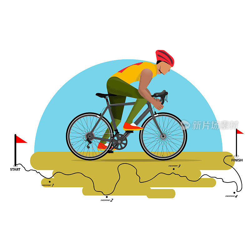 矢量插图公路自行车，越野自行车比赛，赛车路线。骑自行车的男运动员。