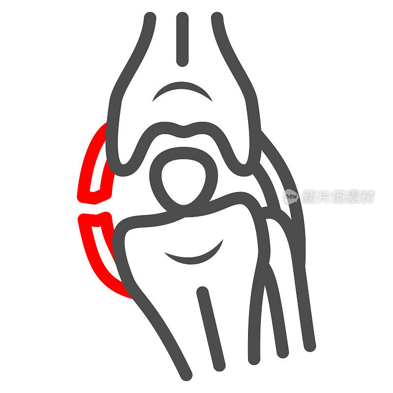 外侧膝关节韧带断裂线图标，人类疾病的概念，膝盖问题的标志在白色背景，骨创伤图标轮廓风格的移动概念和网页设计。矢量图形。