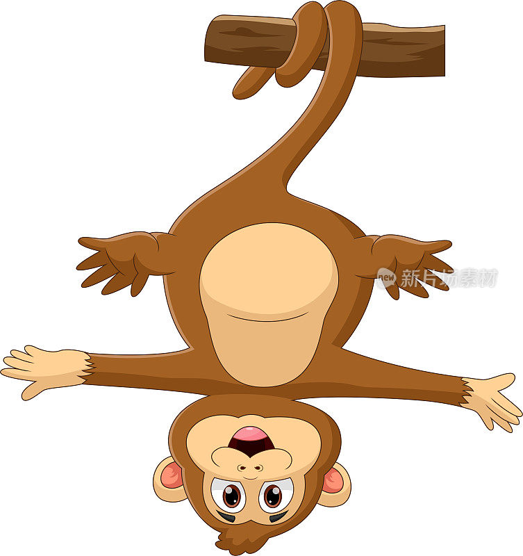 卡通猴子倒挂在树上