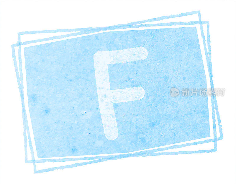 粉彩淡蓝色大写或大写字母或字母F在水平风化粉彩天蓝色框架垃圾墙纹理矢量背景