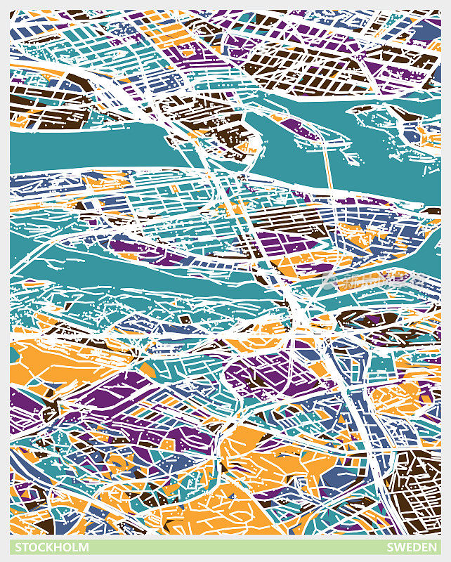 艺术插画风格地图，瑞典斯德哥尔摩市