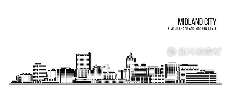 城市景观建筑抽象简单的形状和现代风格的艺术矢量设计-米德兰市，得克萨斯州