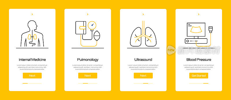 带图标的移动应用程序页面屏幕上的医疗保健和医疗概念。用户体验，用户界面设计模板矢量插图