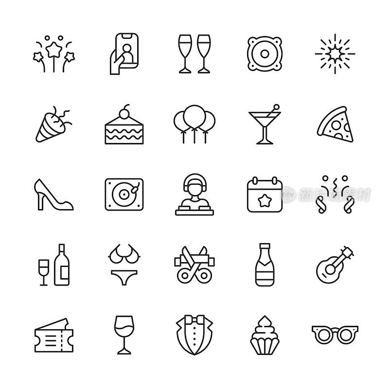 图标。可编辑。像素完美。移动和网络。包含如生日，香槟，俱乐部，五彩纸屑，DJ，服装，饮料，事件，烟花，乐趣，礼物，影响者，音乐，节日，夜总会，夜生活，Pi?ata，自拍等图标。
