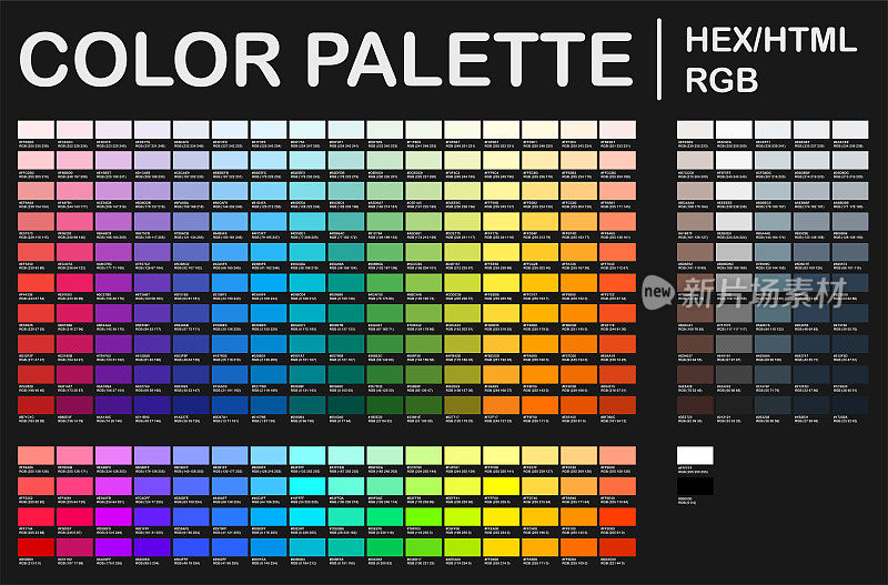 调色板。颜色表。打印测试页。颜色代码。RGB,十六进制的HTML。向量的颜色
