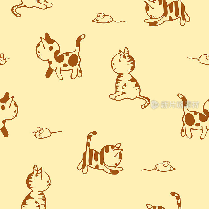 重复矢量图案与猫涂鸦在黄色的背景。简单的手绘小猫墙纸设计。装饰动物时尚纺织品。