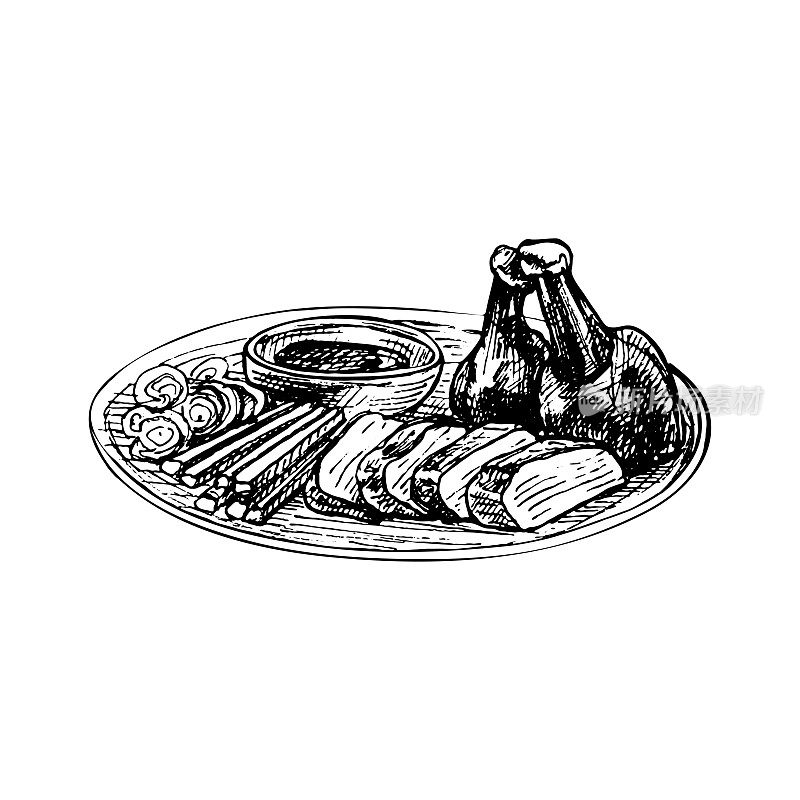 北京烤鸭配酱。复古向量孵化手绘插图孤立
