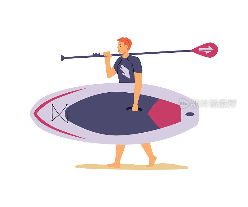 男子携带宽桨板和桨，平面矢量插图孤立。