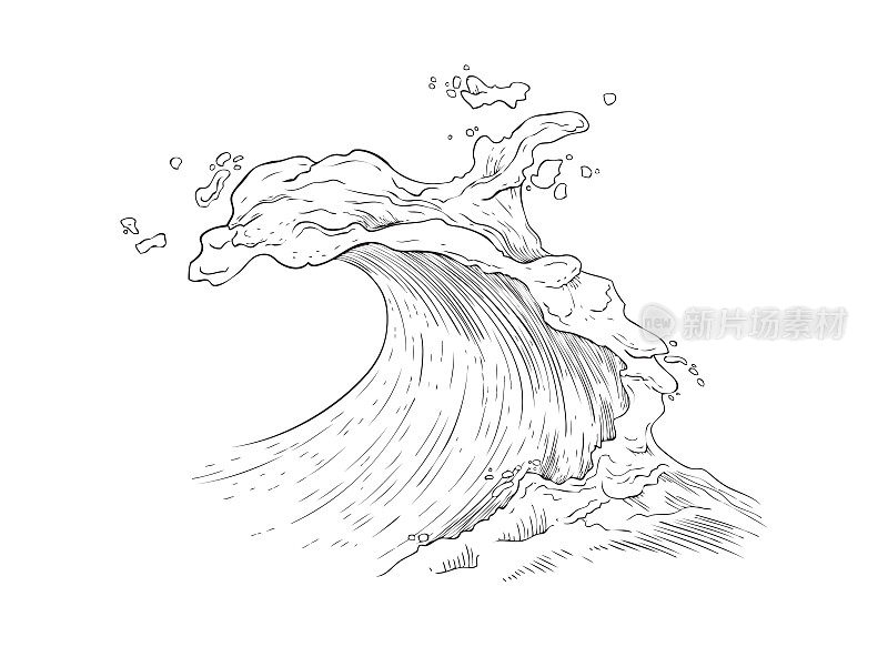 海或海浪与海洋泡沫，漩涡飞溅和卷曲，汹涌的水。