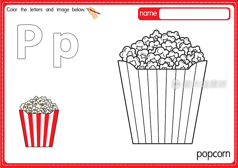 矢量插图的儿童字母着色书页与概述剪贴画，以颜色。字母P代表爆米花。