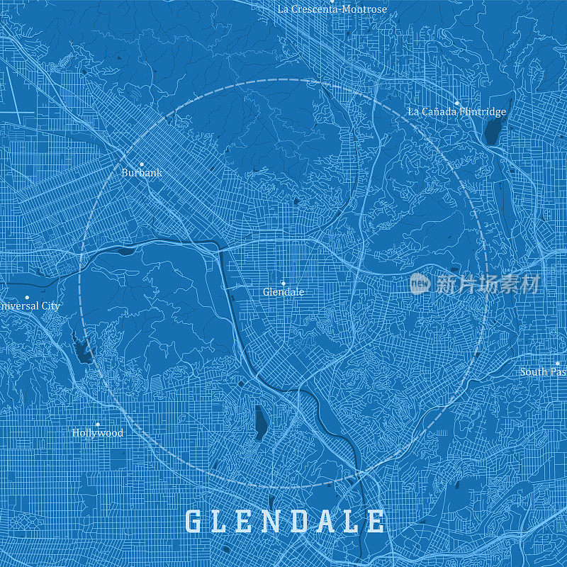 格兰岱尔CA城市矢量道路地图蓝色文本