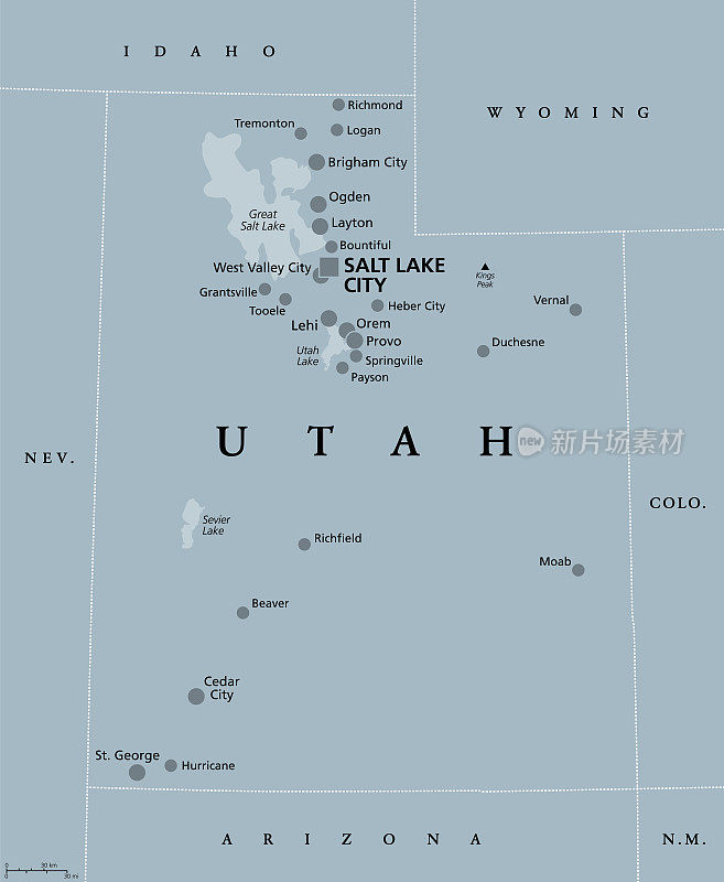 犹他州，犹他州，灰色政治地图，美国州，昵称为蜂巢州