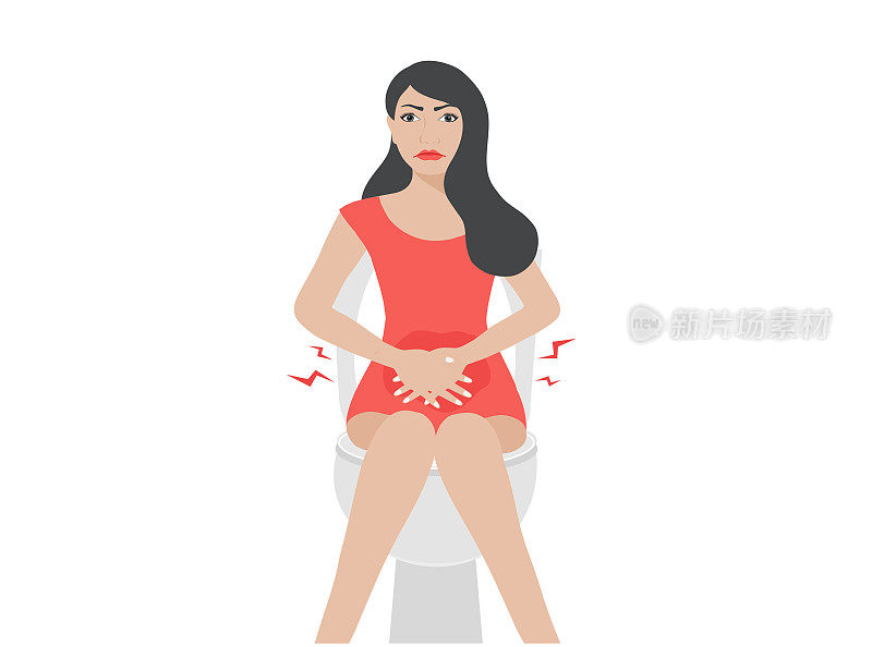 女人坐在厕所忍受便秘，胃痛和正常的消化系统矢量插图