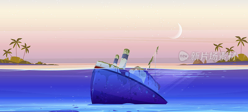 沉船，沉没的汽船躺在海底