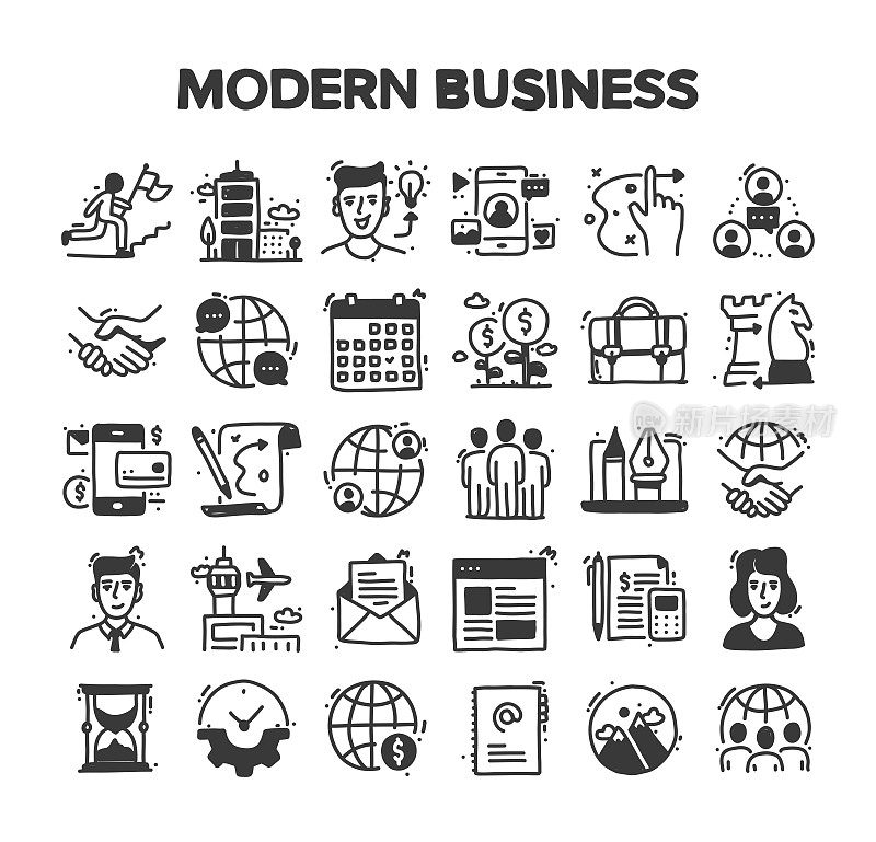 现代商业相关的手绘矢量涂鸦图标集