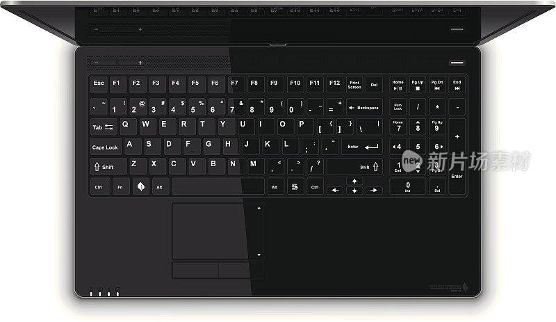 鸟瞰圆滑的黑色笔记本电脑键盘