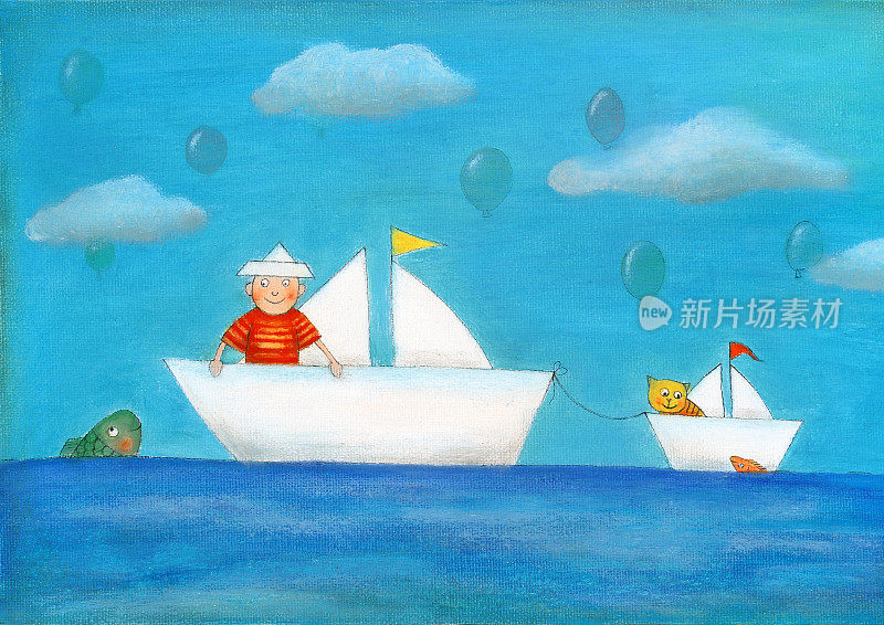 小男孩航海，孩子的绘画，帆布上的油画