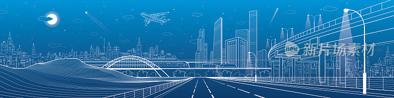 基础设施全景，立交桥，城市天际线，城市，飞机飞行，交通