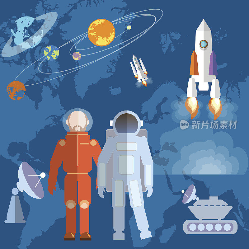 太空中的宇航员:宇航员、轨道、行星、火箭