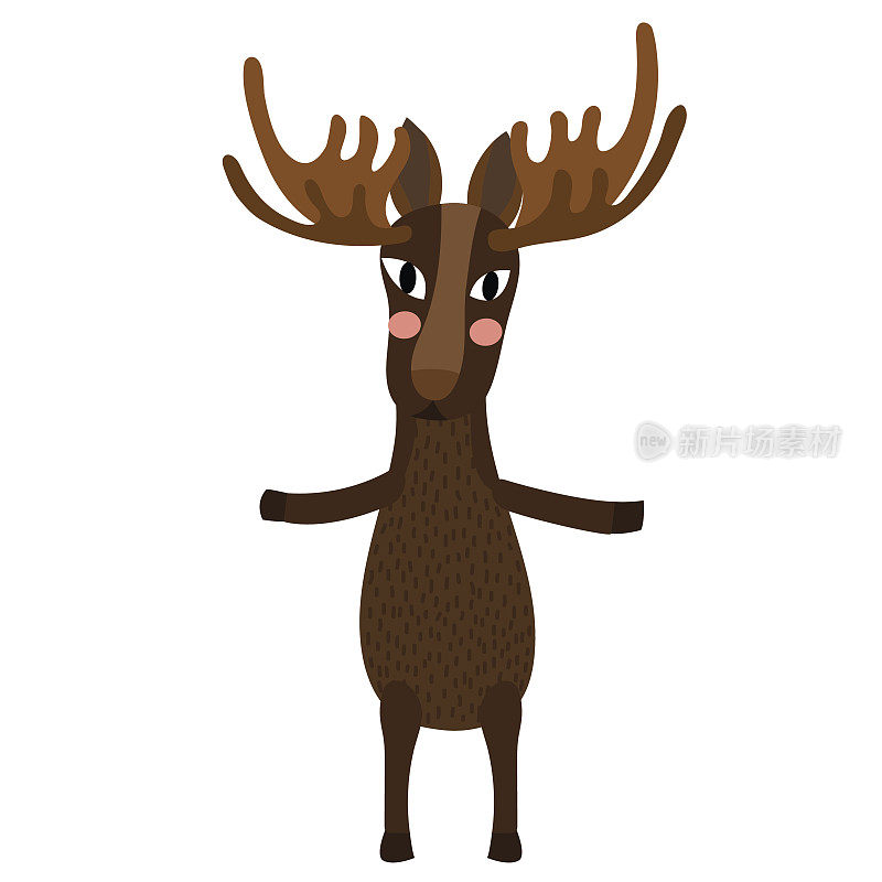 麋鹿站在两腿动物卡通人物矢量插图。