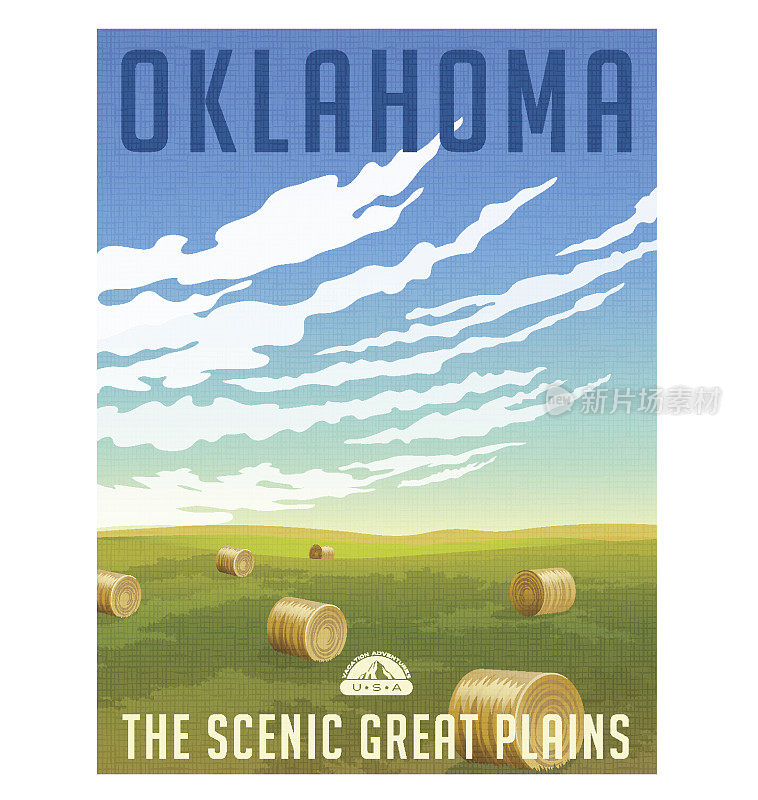 俄克拉荷马州，美国复古旅行海报或行李贴纸。风景田野与圆形干草捆矢量插图
