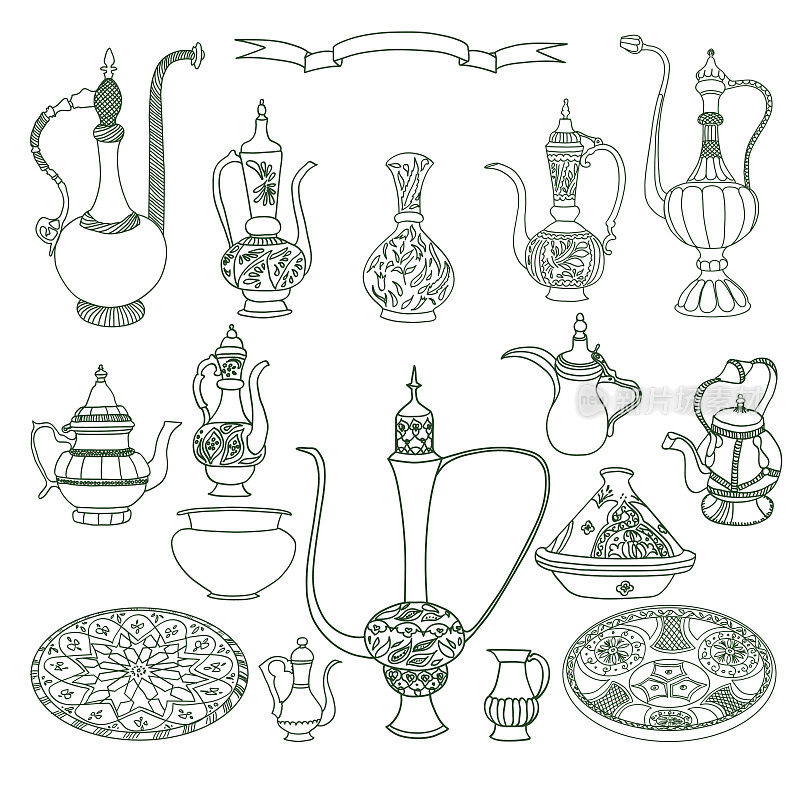 矢量集的阿拉伯陶器。东方陶碟插图。