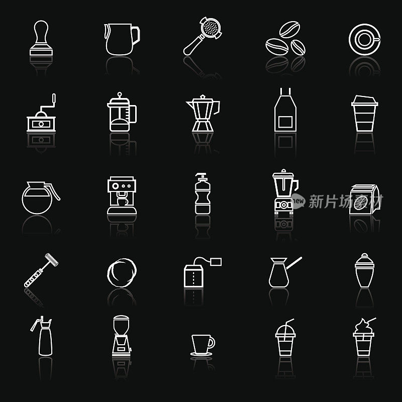 咖啡师线条图标与反映在黑色的背景