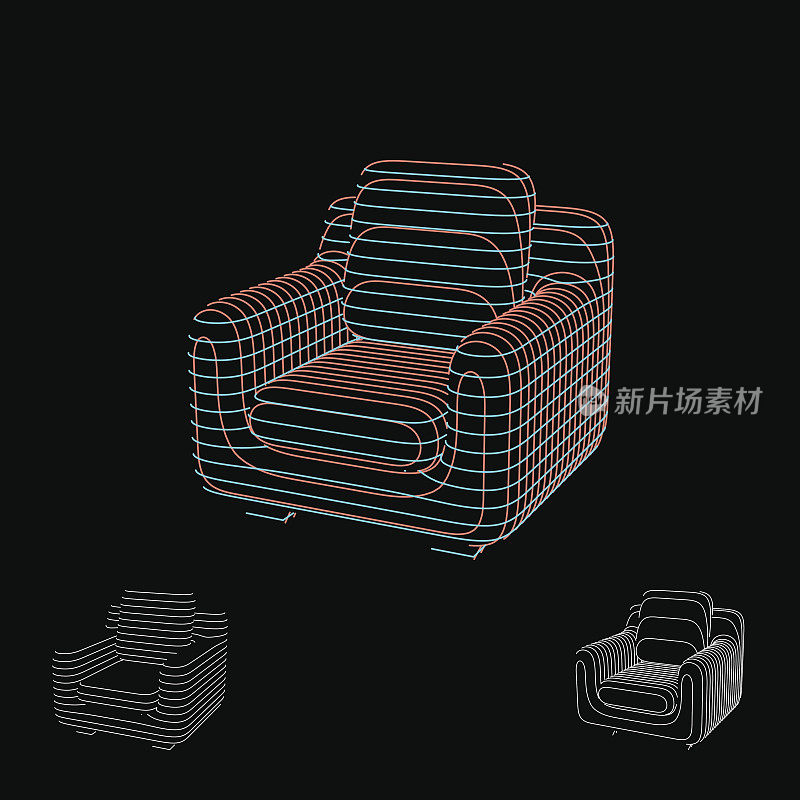 抽象的扶手椅的尸体。孤立在黑色背景上。矢量插图轮廓。