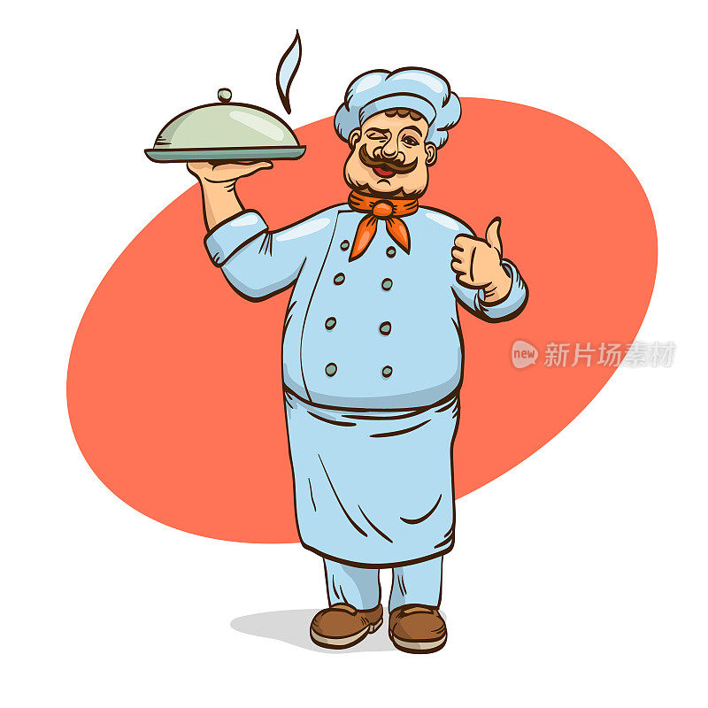 用托盘装食物的厨师长。矢量插图。穿着厨师制服的男人。卡通人物。