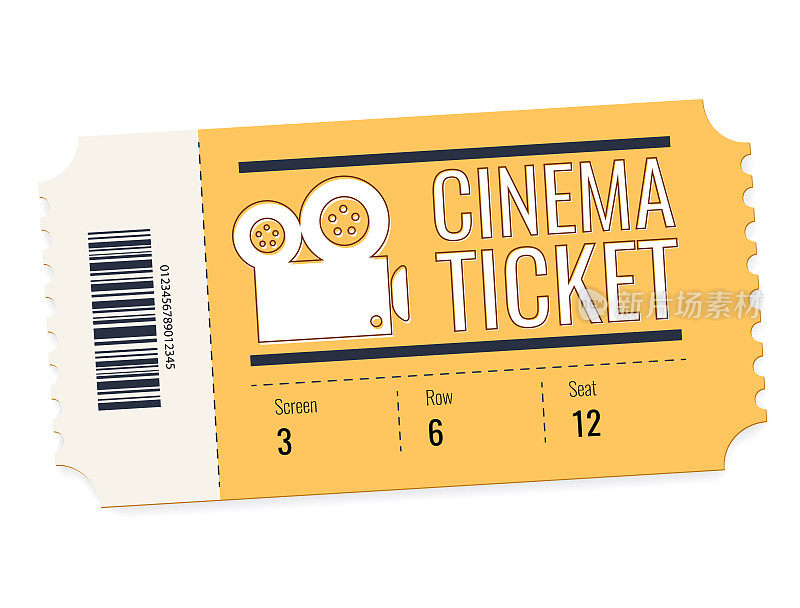 电影矢量票孤立在白色背景上。现实的正面视图插图。电影门票卡