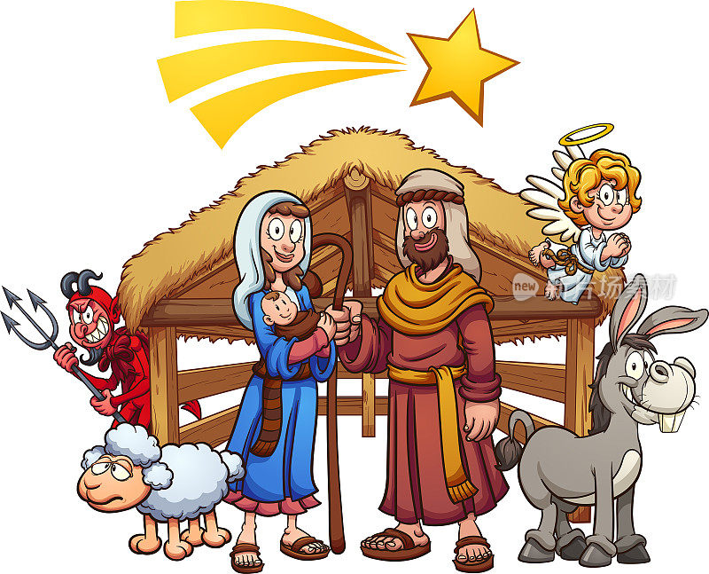 卡通耶稣诞生场景与流星