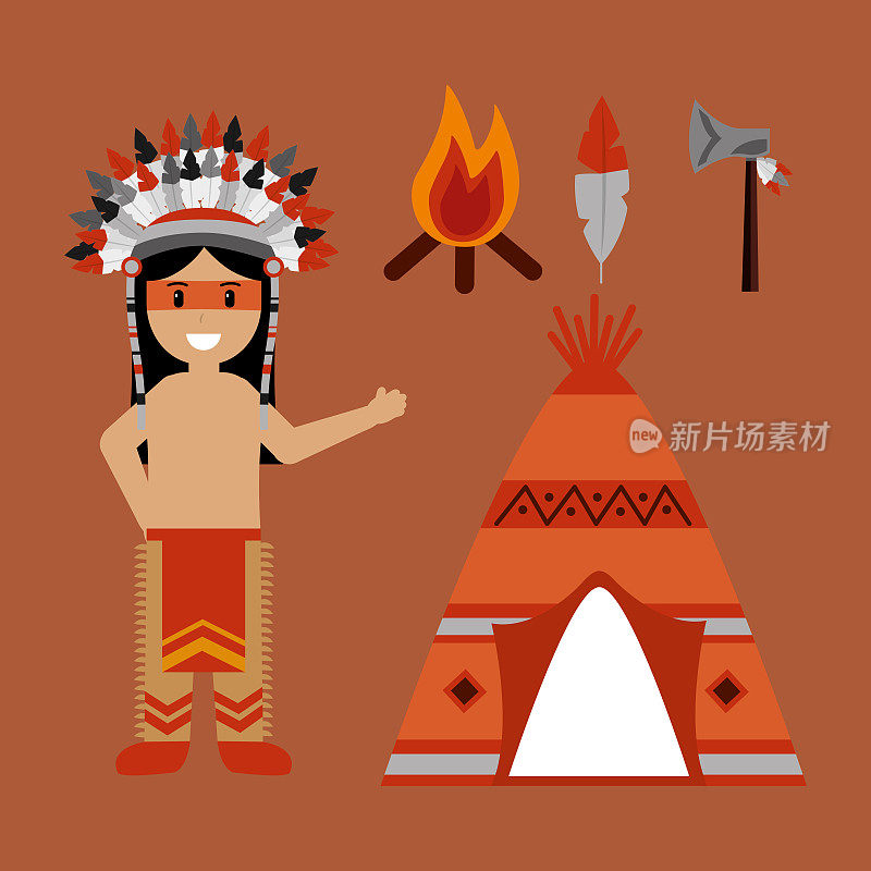美国印第安人性格的帐篷斧和篝火