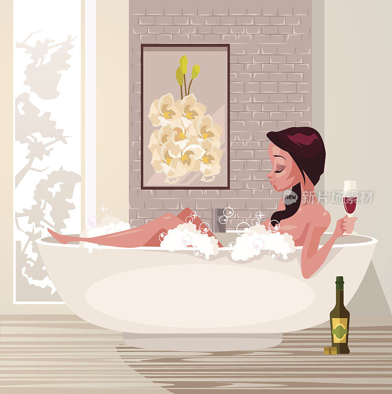 快乐的微笑女人性格洗澡放松和喝葡萄酒