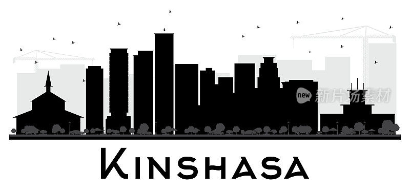 金沙萨市天际线黑白剪影。