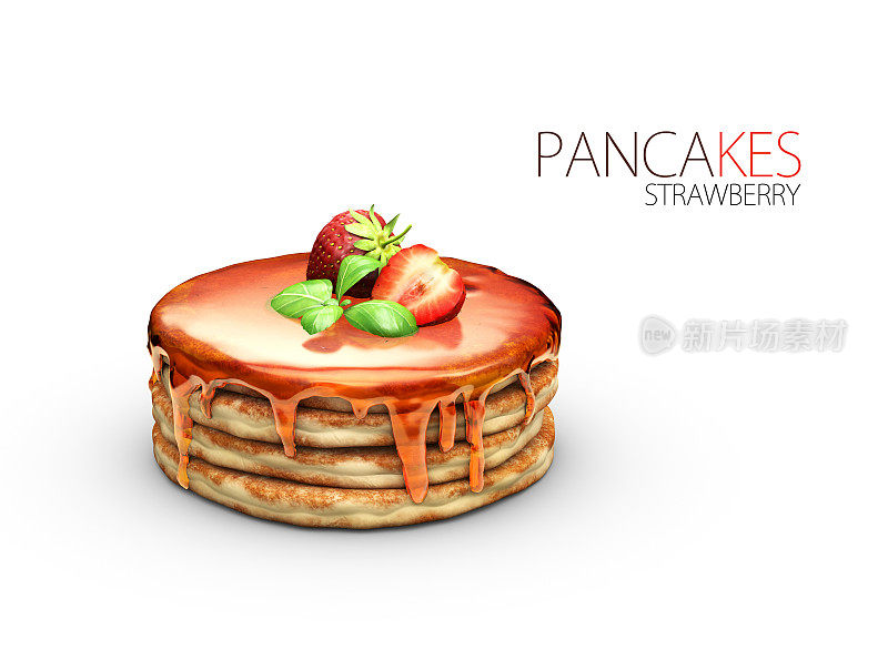 煎饼草莓糖浆和黄油的3d插图